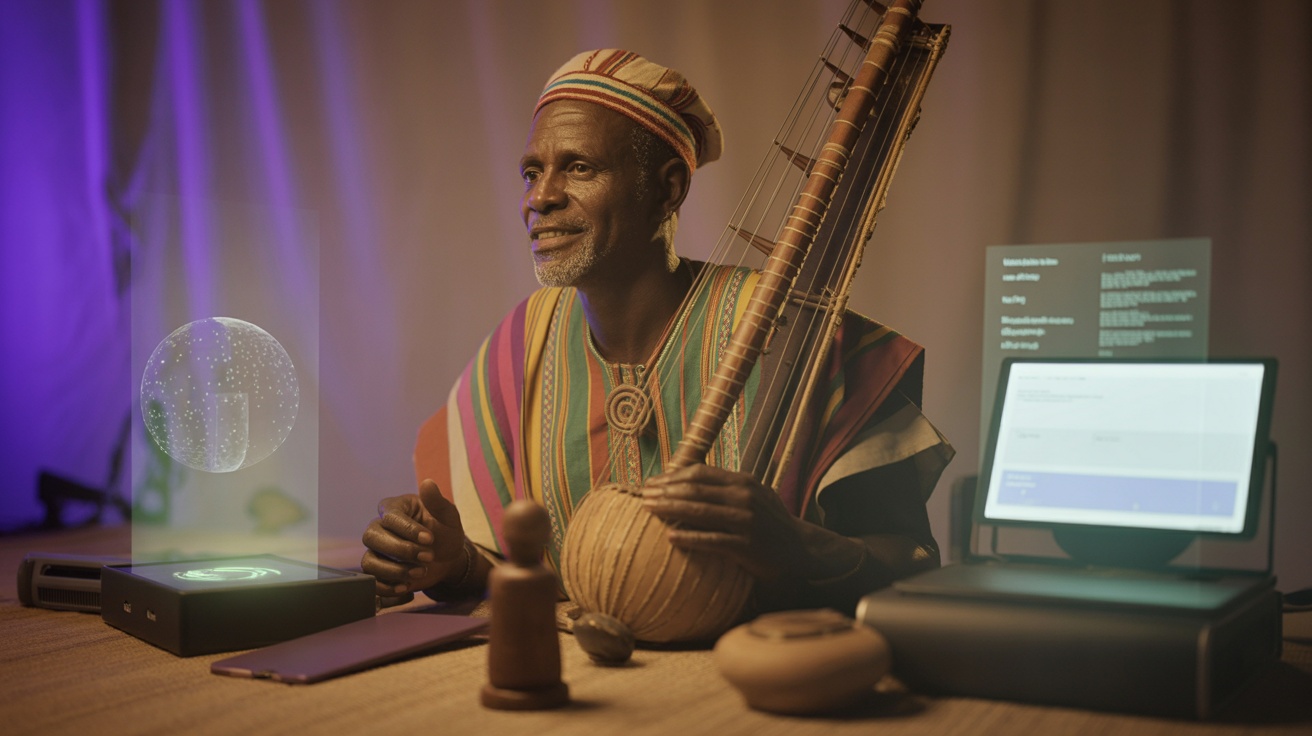 African griot storyteller blending tradition with modern technology